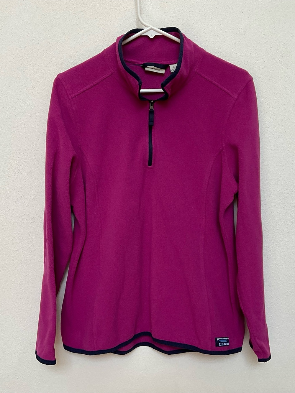 L.L.Bean Pink Fleece Quarter Zip Jacket Navy Trim Size Large Camping Outdoor